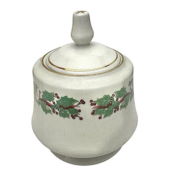 Sango Christmas Holly Sugar Bowl with Lid – Vintage Mid-Century Ceramic - Picture 2 of 5